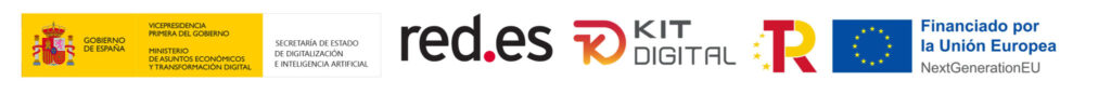 Conjunto de logotipos oficiales del Kit Digital, Plan de Recuperación, Transformación y Resiliencia, y la Unión Europea en color blanco para el pie de página.